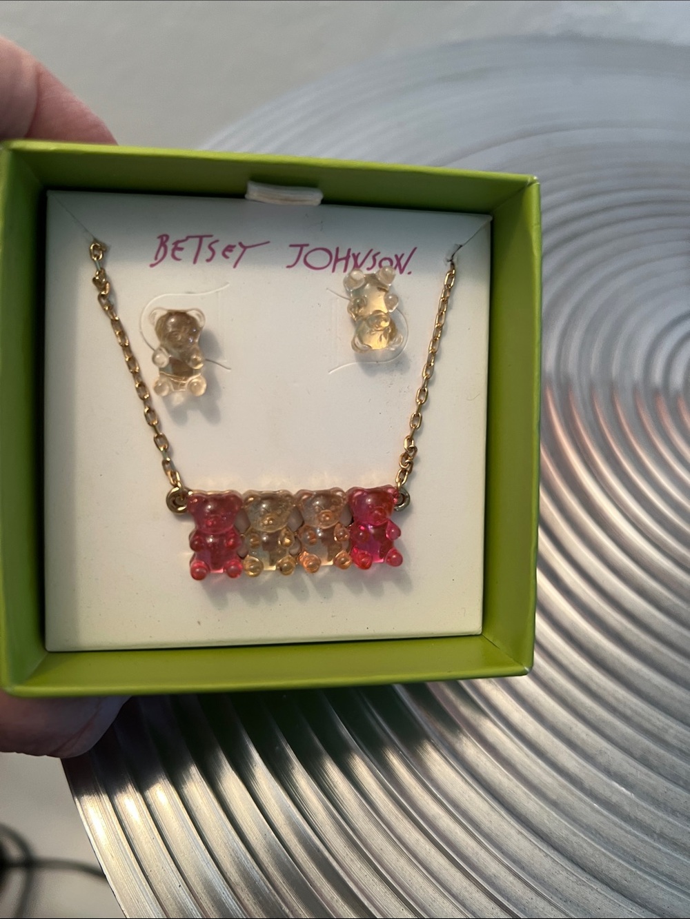 Betsey Johnson Gold Necklace with Pink and Peach Gummy Bear Charms and earrings